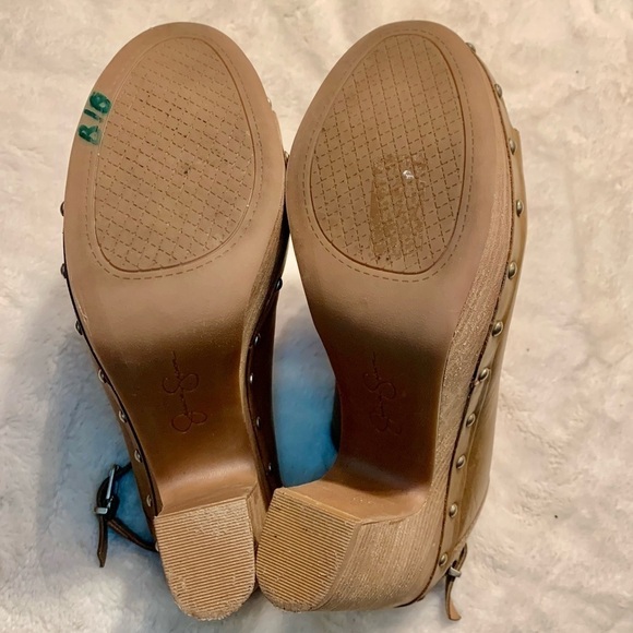 Jessica Simpson Pumps Sz 9.5 Daine Leather Tan Camel Open-Toe High Heels Straps - Picture 15 of 16